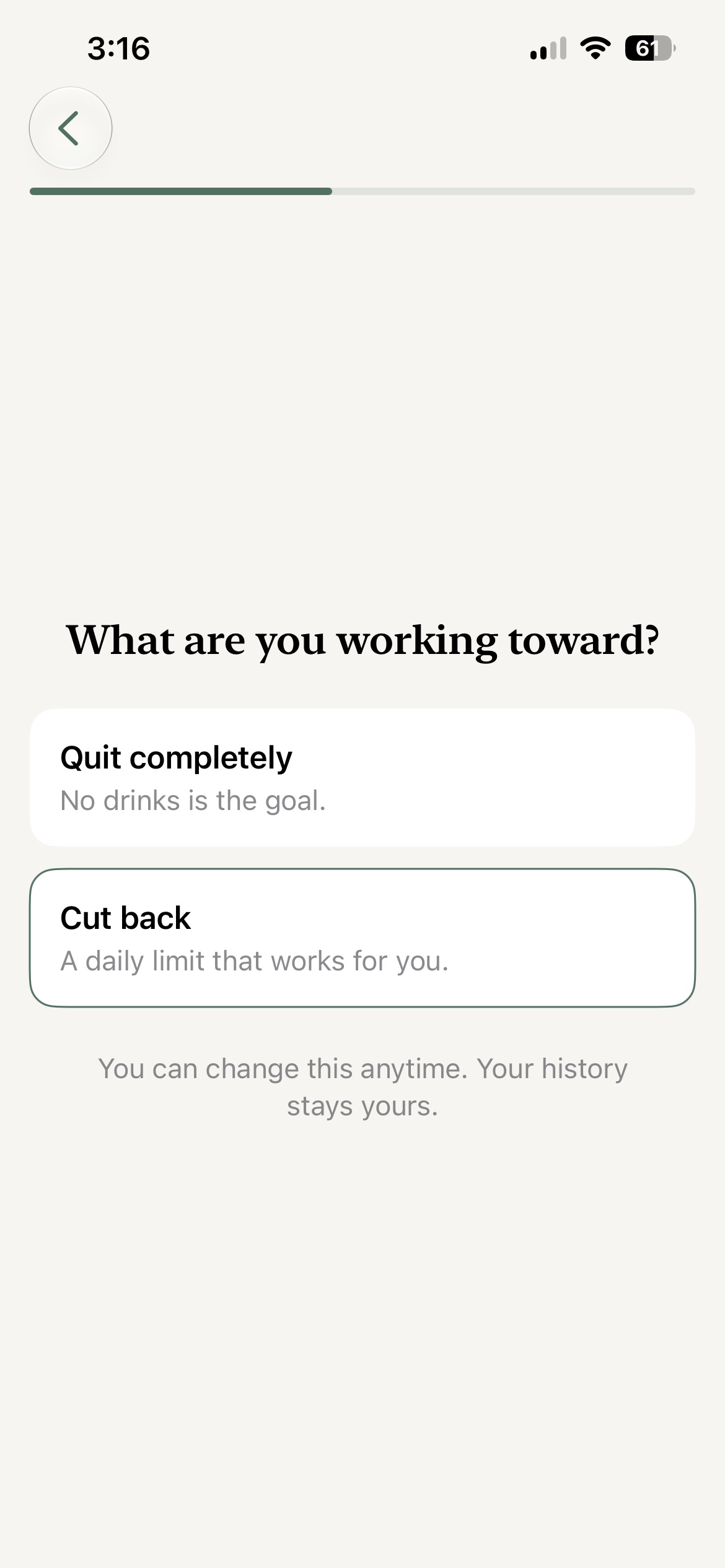 Cutback onboarding goal selection screen