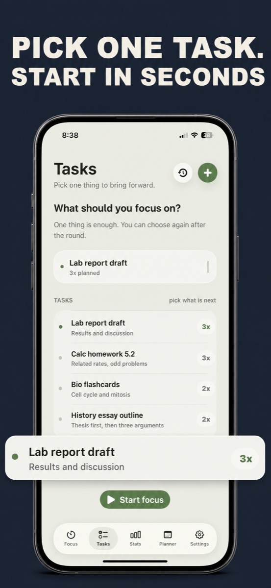 Mewmentum task list with one task selected