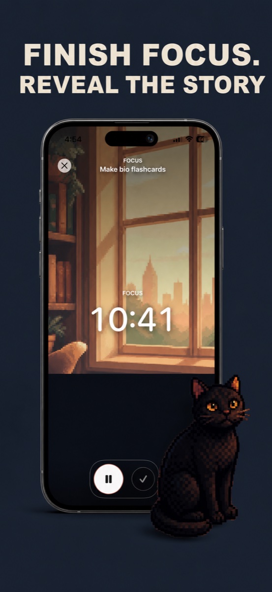 Mewmentum focus timer and cat story shown in full